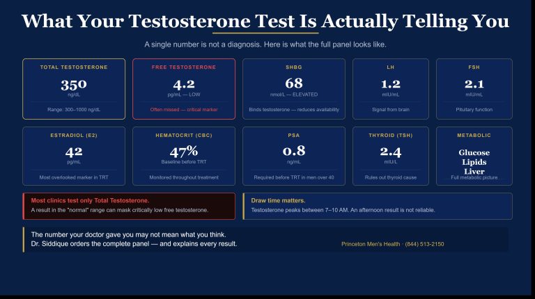 Complete testosterone blood panel — 10 markers Dr. Siddique tests at Princeton Men's Health, New Jersey