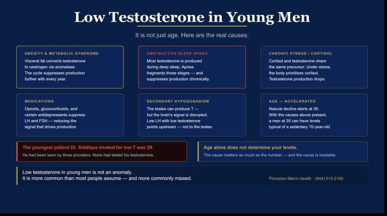 Six causes of low testosterone in young men — obesity, sleep apnea, stress, medications, secondary hypogonadism, and accelerated age-related decline